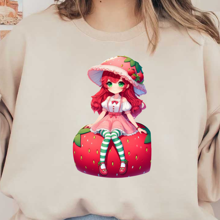 A whimsical anime character dressed in a strawberry-themed outfit, sitting atop a giant strawberry with green striped stockings and a large hat.DTF Transfers