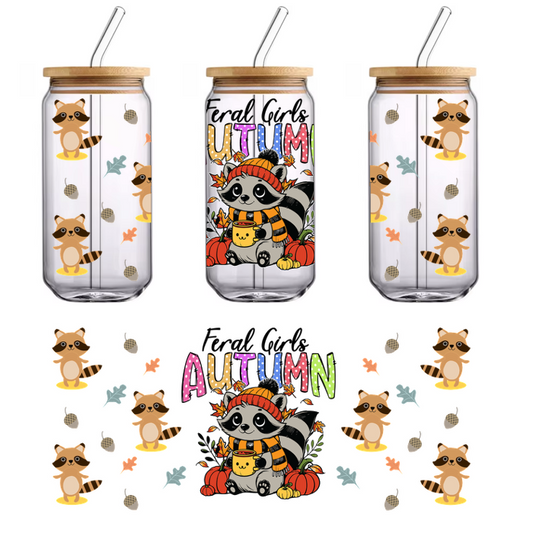 A cheerful illustration featuring a raccoon in autumn attire surrounded by colorful leaves and the word "AUTUMN."UV Transfers dtf transfers