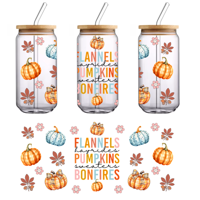 Celebrate the cozy vibes of fall with colorful pumpkins, flannels, and bonfire themes in this charming decorative design!UV Transfers dtf transfers