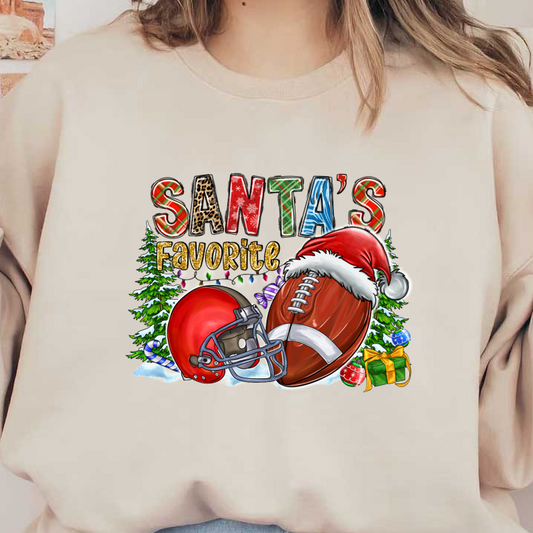 Festive and fun, this design features a football and helmet with "Santa's Favorite," perfect for holiday sports enthusiasts!DTF Transfersdtf regular iron