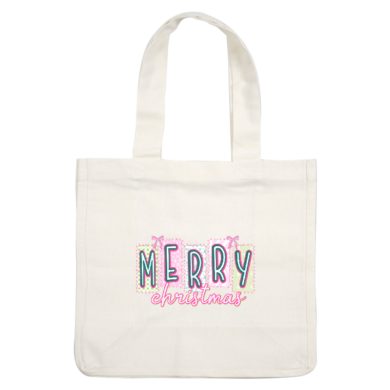 Festive "Merry Christmas" design in cheerful pastel colors with playful patterns.DTF Transfers