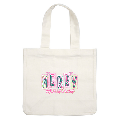 Festive "Merry Christmas" design in cheerful pastel colors with playful patterns.DTF Transfers