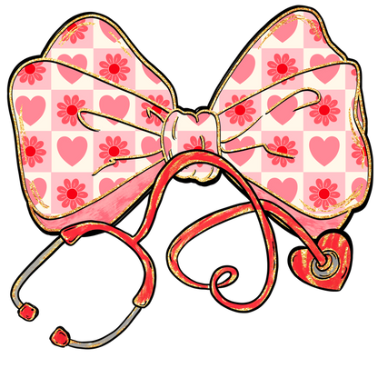 A charming illustration of a pink checkered bow adorned with hearts and flowers, intertwined with a stethoscope.DTF Transfers