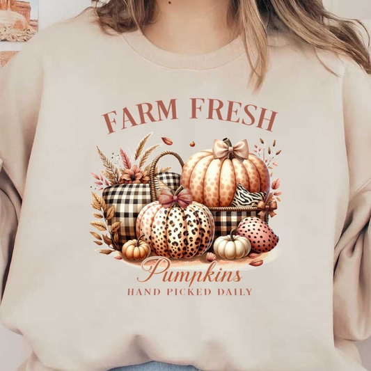 Charming autumn graphic featuring a variety of stylish pumpkins, adorned with bows and a cozy plaid basket, labeled "Farm Fresh." dtf transfers