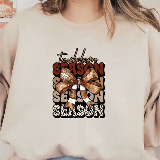 Celebre la temporada de fútbol con este diseño animado que presenta un lazo divertido, una pelota de fútbol y el texto "Touchdown Season" en colores vibrantes.