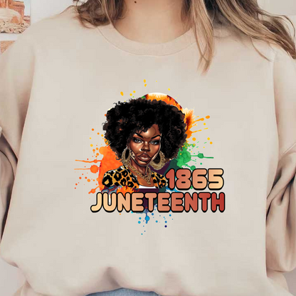 Vibrant Juneteenth artwork featuring a stylish woman with curly hair, showcasing cultural pride in a colorful and expressive design.