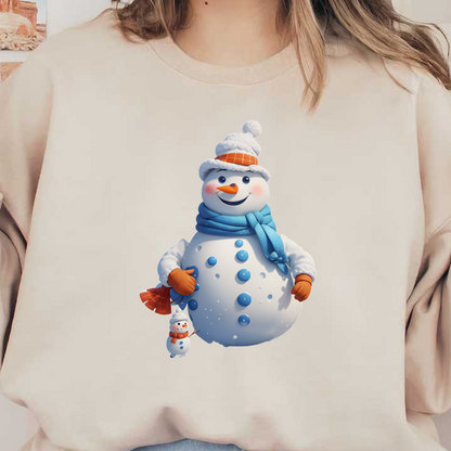 A cheerful, cartoonish snowman with a blue scarf and orange hat, holding a small snowman, radiates winter joy.DTF Transfers dtf transfers