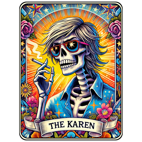 A vibrant, artistic depiction of a skeleton wearing sunglasses and a blue shirt, adorned with flowers and a colorful background. dtf prints