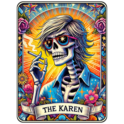 A vibrant, artistic depiction of a skeleton wearing sunglasses and a blue shirt, adorned with flowers and a colorful background. dtf prints