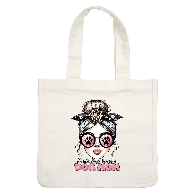 "Busy dog mom in stylish glasses with paw print reflections."DTF Transfers