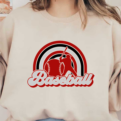 A vibrant baseball-themed logo featuring a batter, a baseball, and bold, stylized text in red and white.DTF Transfers heat press transfers