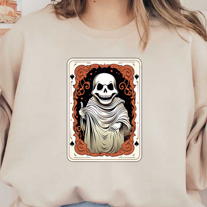 Una ilustración caprichosa de un esqueleto sonriente con una túnica, enmarcada por diseños y símbolos ornamentados, ideal para temas de Halloween.