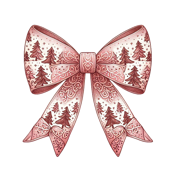 A festive pink bow adorned with intricate designs of Christmas trees, perfect for holiday decorations or gift wrapping. dtf transfers dtf prints