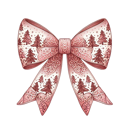 A festive pink bow adorned with intricate designs of Christmas trees, perfect for holiday decorations or gift wrapping. dtf transfers dtf prints