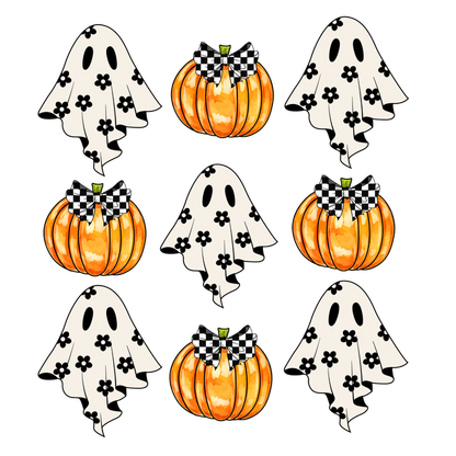 A playful Halloween-themed illustration featuring cheerful ghosts and pumpkins adorned with checkered bows and floral patterns. dtf transfers