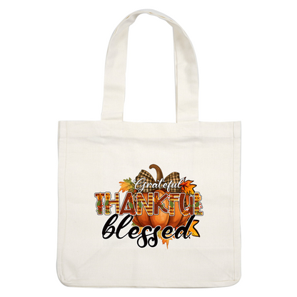 A festive design featuring the words "Grateful," "Thankful," and "Blessed" with a pumpkin and autumn leaves, perfect for fall!dtf regular iron