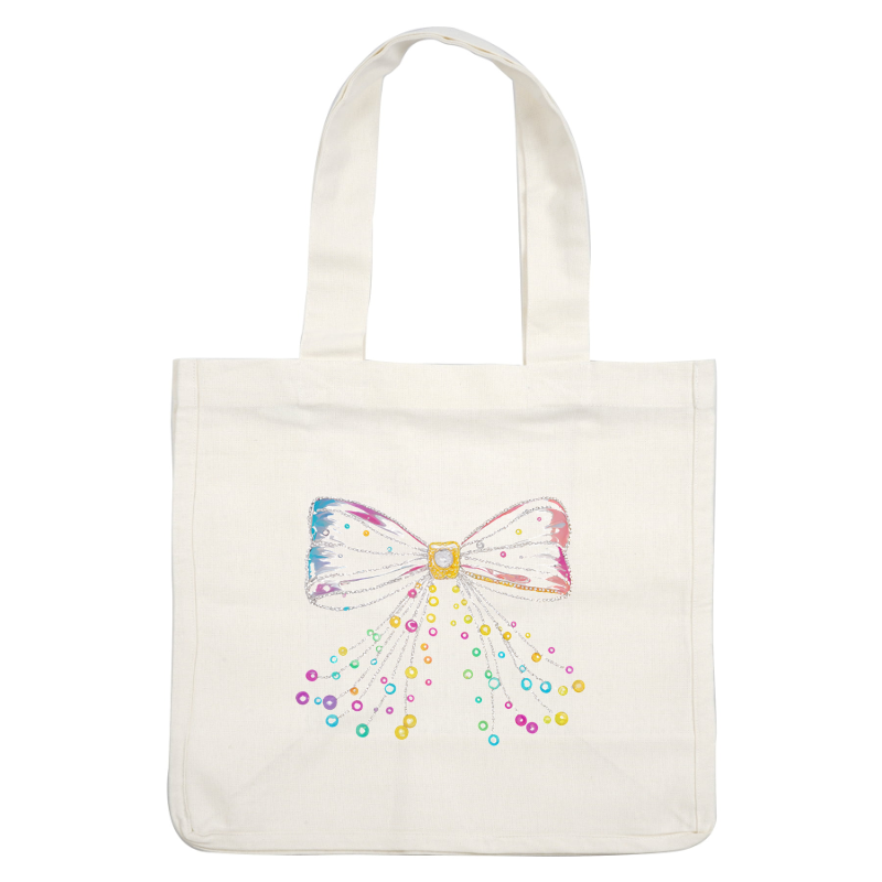 A dazzling, multi-colored bow with sparkling beads and trailing ribbons, perfect for adding a vibrant touch to any outfit. heat press transfers