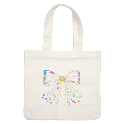 A dazzling, multi-colored bow with sparkling beads and trailing ribbons, perfect for adding a vibrant touch to any outfit. heat press transfers