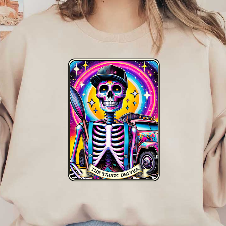 A vibrant and colorful illustration featuring a skeleton truck driver with a cap, surrounded by a psychedelic background. heat press transfers