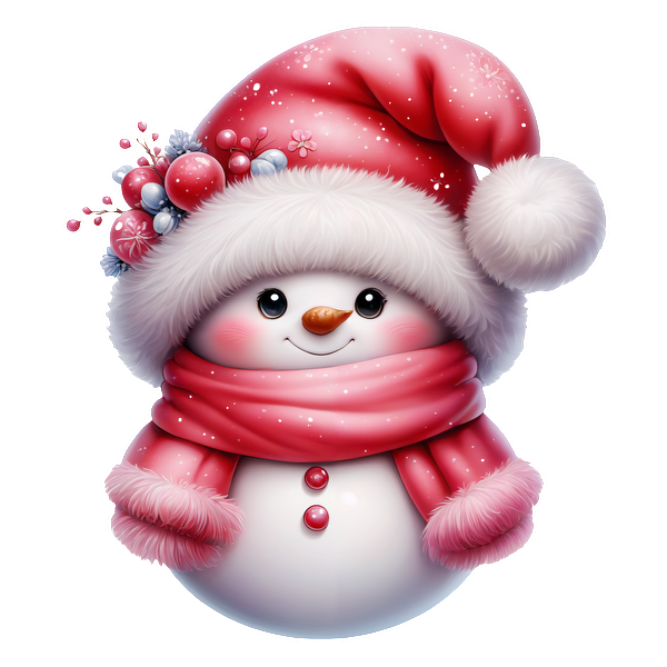 This charming snowman features a rosy smile, a fluffy pink hat adorned with berries, and a cozy scarf for winter cheer.