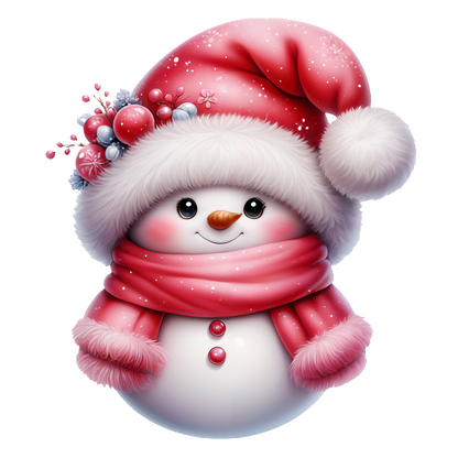 This charming snowman features a rosy smile, a fluffy pink hat adorned with berries, and a cozy scarf for winter cheer.