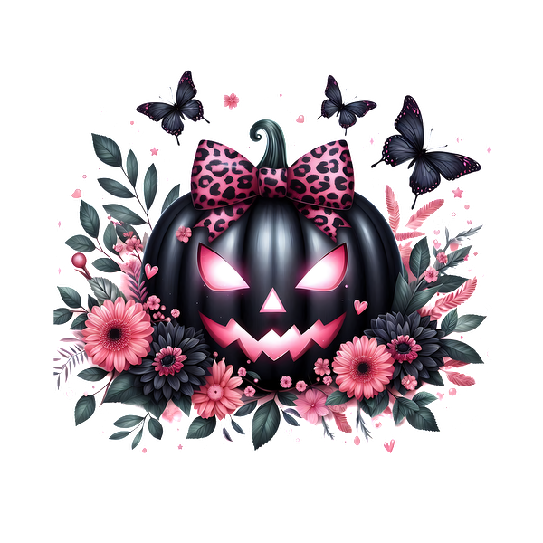 Una caprichosa calabaza negra adornada con un lazo con estampado de leopardo rosa, rodeada de flores y mariposas vibrantes, perfecta para Halloween.