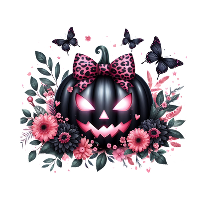 Una caprichosa calabaza negra adornada con un lazo con estampado de leopardo rosa, rodeada de flores y mariposas vibrantes, perfecta para Halloween.