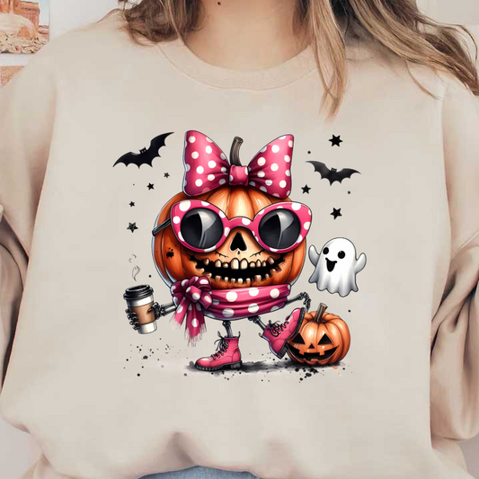 Un caprichoso personaje de calabaza vestido de rosa con gafas de sol y un lazo, sosteniendo un café, rodeado de murciélagos y un fantasma.