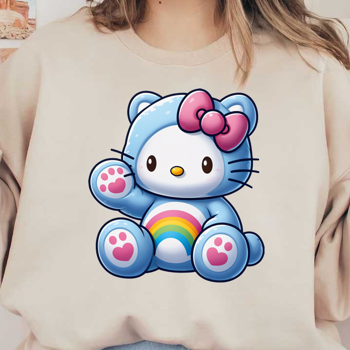 Lindo personaje de color azul pastel que se asemeja a un oso, presenta un lazo rosa, un diseño de arcoíris en su vientre y huellas de patas. Transferencias DTF