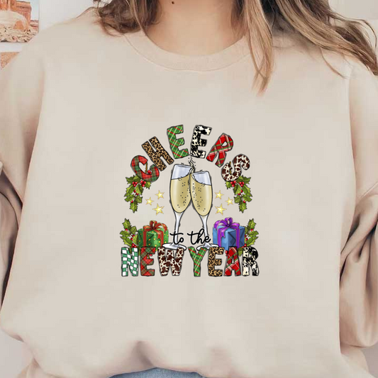 Celebrate the New Year with a festive design featuring sparkling champagne glasses, vibrant gifts, and cheerful holiday accents.DTF Transfers dtf prints