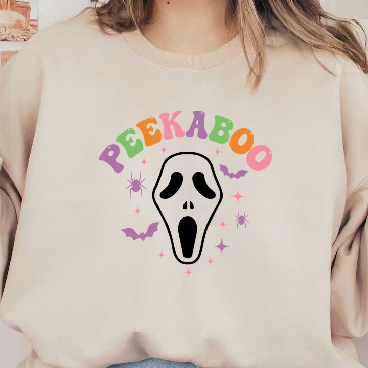 Colorful "PEEKABOO" lettering surrounded by playful bats, spiders, and stars, perfect for a Halloween-themed design.dtf regular iron