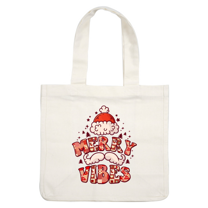 Festive "Merry Vibes" graphic featuring a cheerful Santa hat and playful letter designs in vibrant patterns. heat press transfers