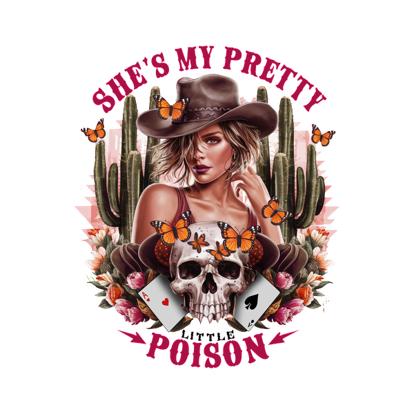 A striking graphic design featuring a stylish woman in a cowboy hat surrounded by cacti, butterflies, and a skull with playing cards.dtf regular iron