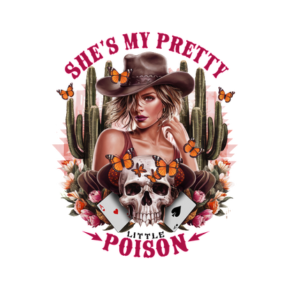 A striking graphic design featuring a stylish woman in a cowboy hat surrounded by cacti, butterflies, and a skull with playing cards.dtf regular iron