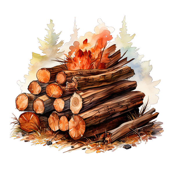 A vibrant illustration of stacked logs next to a crackling campfire, surrounded by lush trees and natural scenery. heat press transfers