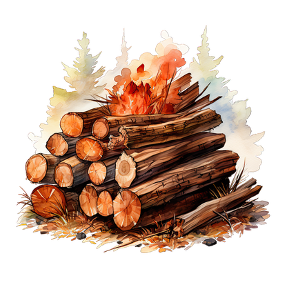 A vibrant illustration of stacked logs next to a crackling campfire, surrounded by lush trees and natural scenery. heat press transfers