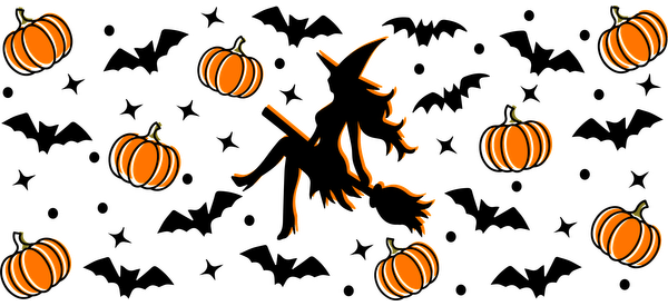 Una ilustración caprichosa de Halloween que presenta una silueta de bruja rodeada de calabazas de color naranja vibrante sobre un fondo oscuro. Transferencias UV