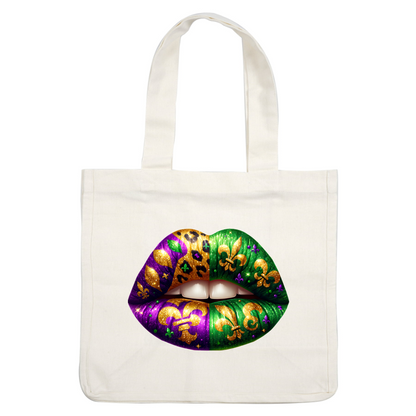 Vibrantly decorated lips featuring purple, gold, and green designs, including leopard print and fleur-de-lis motifs, perfect for festive celebrations.DTF Transfers