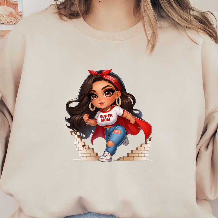 A vibrant superhero-themed character, wearing a "SUPER MOM" shirt, jeans, and a cape, symbolizing strength and empowerment.dtf regular iron