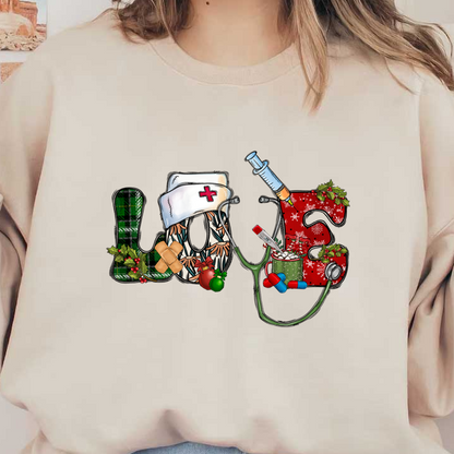 Celebrate the spirit of healthcare with this festive "LOVE" design, featuring holiday elements and medical accessories like a stethoscope and syringes.DTF Transfers heat press transfers dtf prints