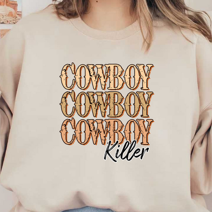 Un diseño gráfico audaz que presenta las palabras "COWBOY" en un estilo de capas con la palabra "Killer" en una escritura elegante.