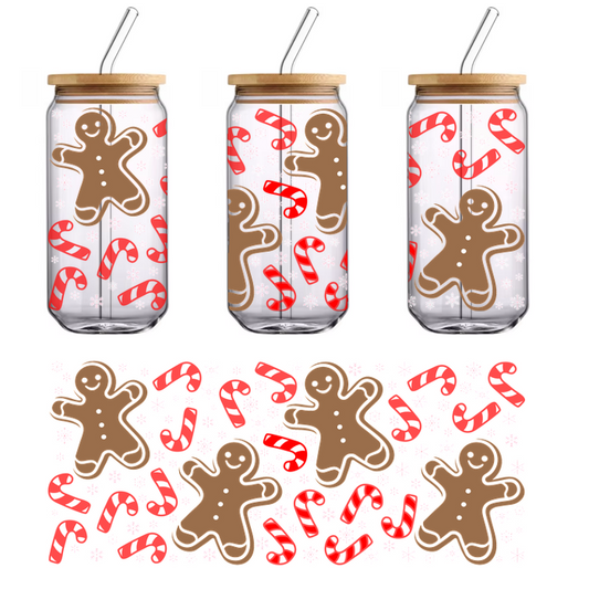 A festive pattern featuring cheerful gingerbread men and red candy canes, perfect for holiday-themed decorations.UV Transfers dtf transfers