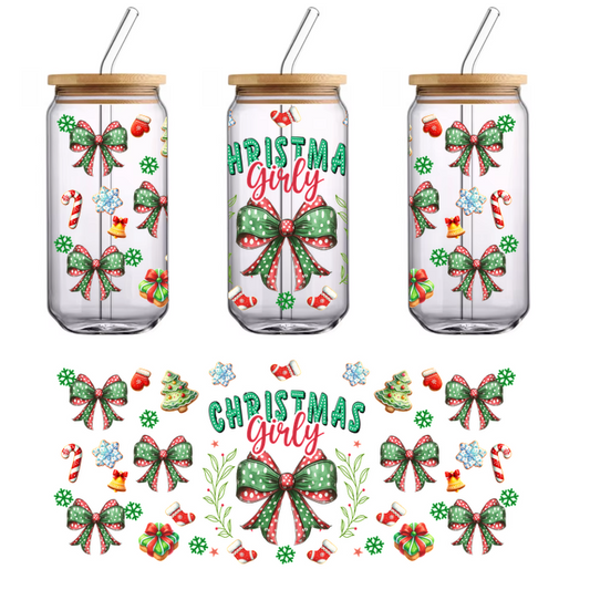 A festive, colorful Christmas design featuring various decorations like bows, candy canes, gifts, and holly, perfect for holiday cheer.UV Transfersdtf regular iron