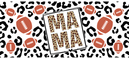 A fun design featuring the word "MAMA" in a leopard print, surrounded by vibrant football illustrations.UV Transfersdtf regular iron