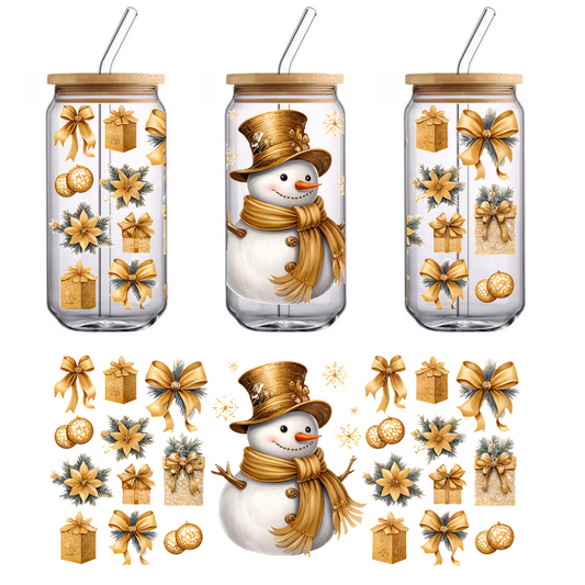 A cheerful snowman in a golden top hat and scarf, surrounded by festive gifts, bows, and winter decorations in gold and silver.UV Transfers heat press transfers