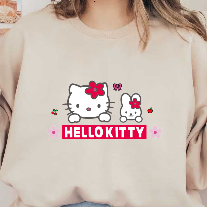 Adorable Hello Kitty and her bunny friend pop against a vibrant background, complemented by floral accents and playful graphics.DTF Transfers