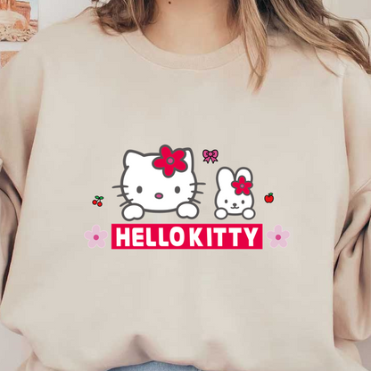 Adorable Hello Kitty and her bunny friend pop against a vibrant background, complemented by floral accents and playful graphics.DTF Transfers