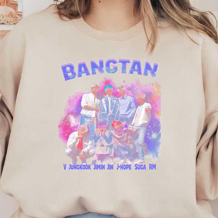 A colorful graphic featuring the seven members of BTS, playfully styled with bright hues and a cosmic backdrop.DTF Transfersdtf regular iron