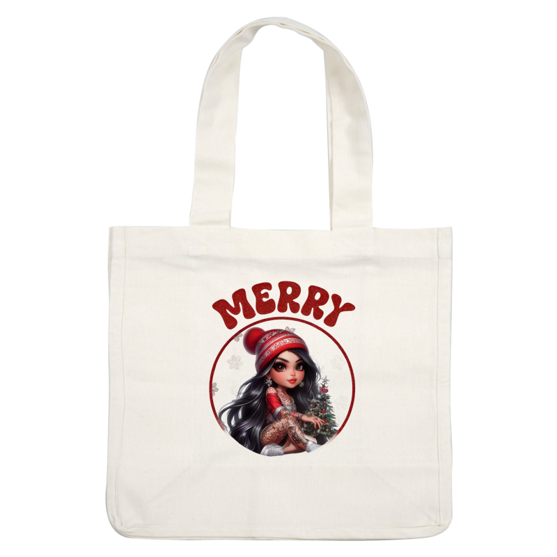 Cheerful Christmas design featuring a girl in a festive outfit, surrounded by holiday elements and the greeting "Merry Christmas." dtf prints