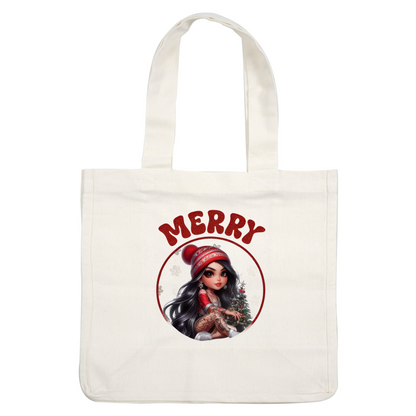 Cheerful Christmas design featuring a girl in a festive outfit, surrounded by holiday elements and the greeting "Merry Christmas." dtf prints